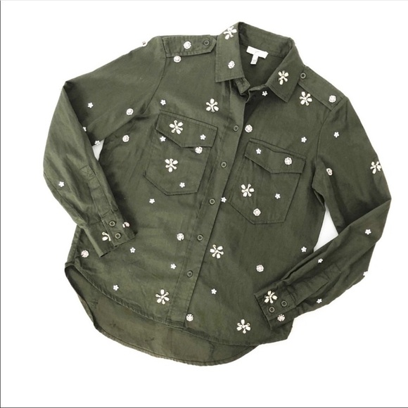 Joie bead embellished military olive green Hayfa shirt button down top XS - Picture 2 of 12